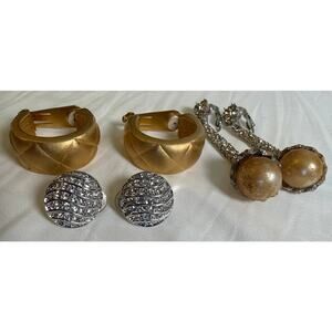 Vintage Clip-On Earrings Lot- 3 Pairs-Gold Hoop, Rhinestone Studs & Pearl Drop